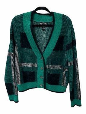 Green Plaid Fuzzy Cardigan Women L Soft Eyelash Knit Cropped Cozy Button Front